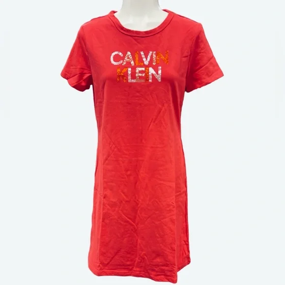 Calvin Klein Relaxed Short Sleeve Midi Logo T-Shirt Dress Watermelon Size S - Picture 3 of 9